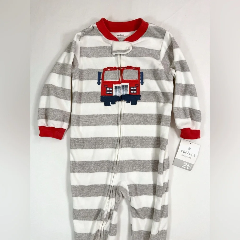 NWT‎ CARTER'S Toddler Boys' Firetruck Striped Microfleece Footie Pajamas Size 2T